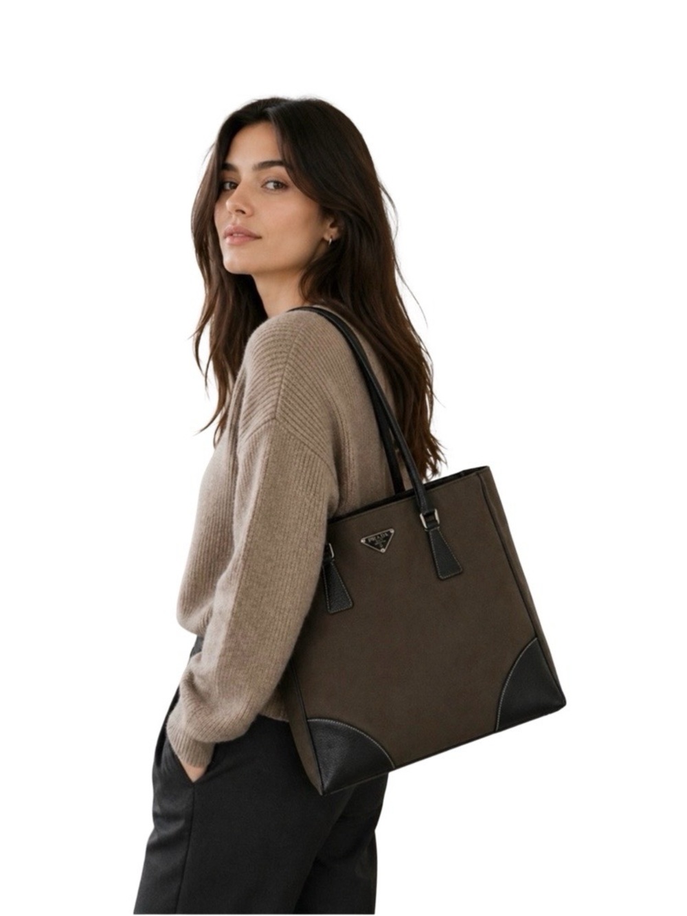 Prada Leather Tote Bag Brown Black Shoulder Bag Medium Everyday Luxury Handbag